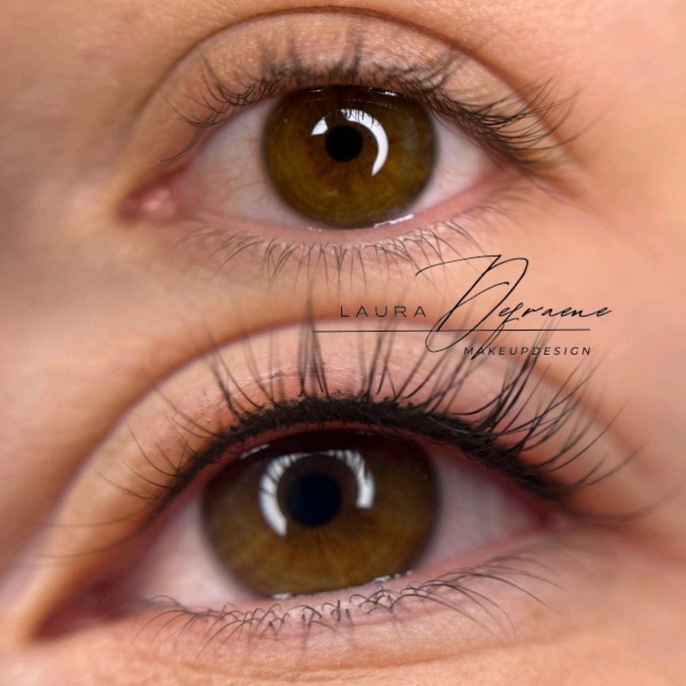 Avant après rehaussement de cils naturels par makeup design à Toulouse, gros plan sur yeux marron vert