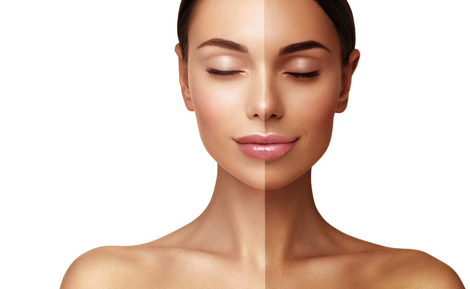 Visage féminin demi clair demi bronzé, contraste teint et maquillage design à Toulouse